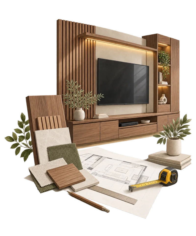 Rancangan TV cabinet custom dengan sampel material dan alat ukur