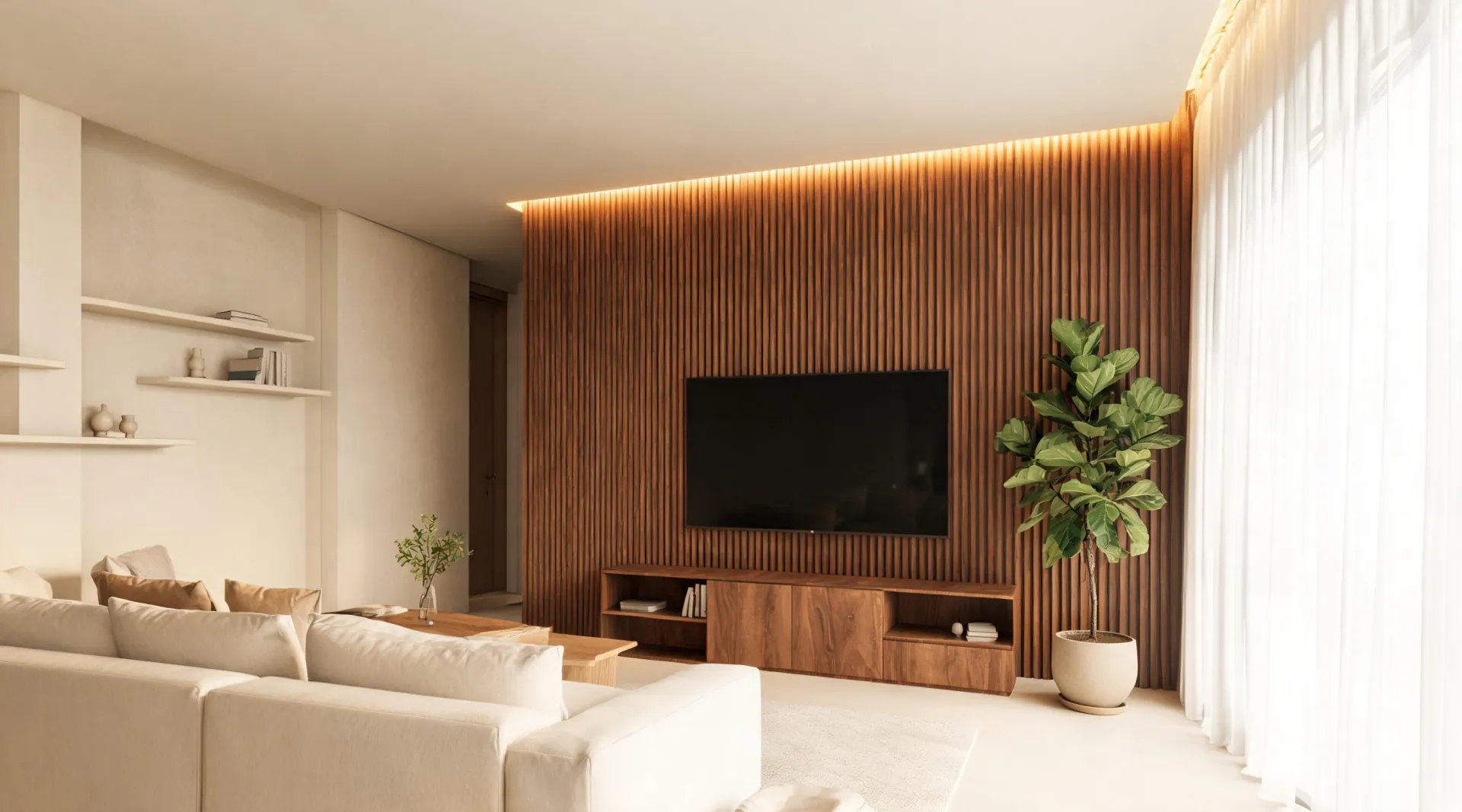 Interior ruang keluarga dengan TV cabinet custom dan wall panel kayu PADU RAYA